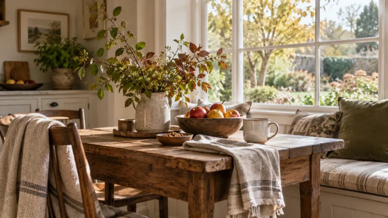 Warm lived-in breakfast nook beside a large window with leafy branches, seasonal fruit, natural linen, and a ceramic cup on a wood table.