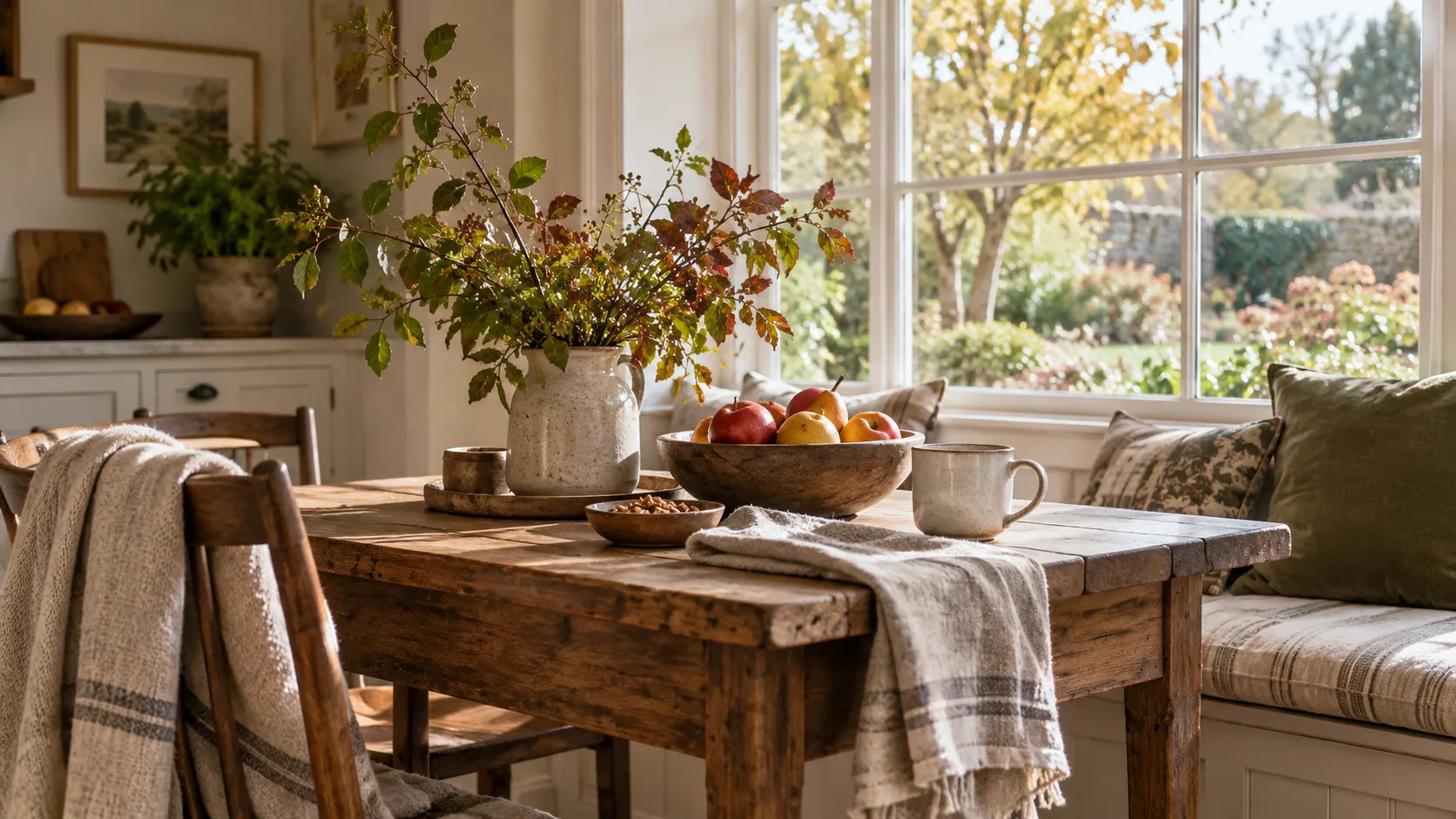 Warm lived-in breakfast nook beside a large window with leafy branches, seasonal fruit, natural linen, and a ceramic cup on a wood table.