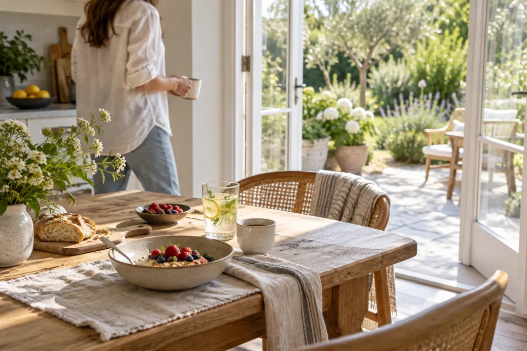 Airy early-summer breakfast area with open patio doors, berries, a cool drink, natural linen, and a person moving casually through the space.