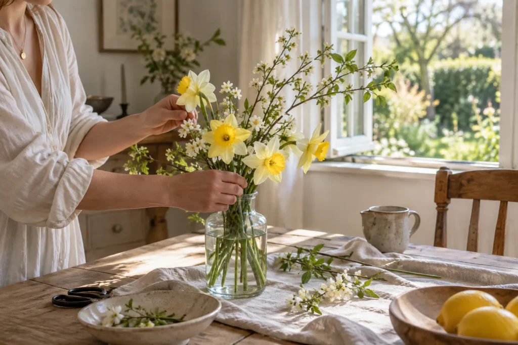 Hands arranging spring daffodils and fresh branches in a clear glass vase on a wood table beside an open window.
