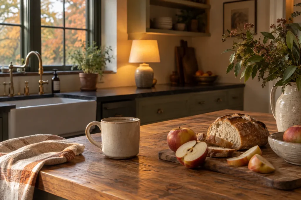 Quiet early-autumn kitchen with a ceramic mug, sliced apples, bread, a glowing lamp, and turning foliage outside the window.