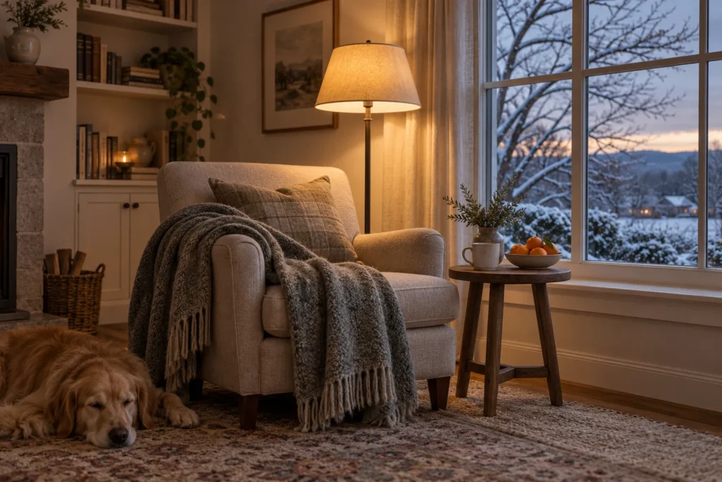 Quiet winter reading corner with a comfortable chair, wool throw, warm floor lamp, plain cup, clementines, and snowy bare branches outside.
